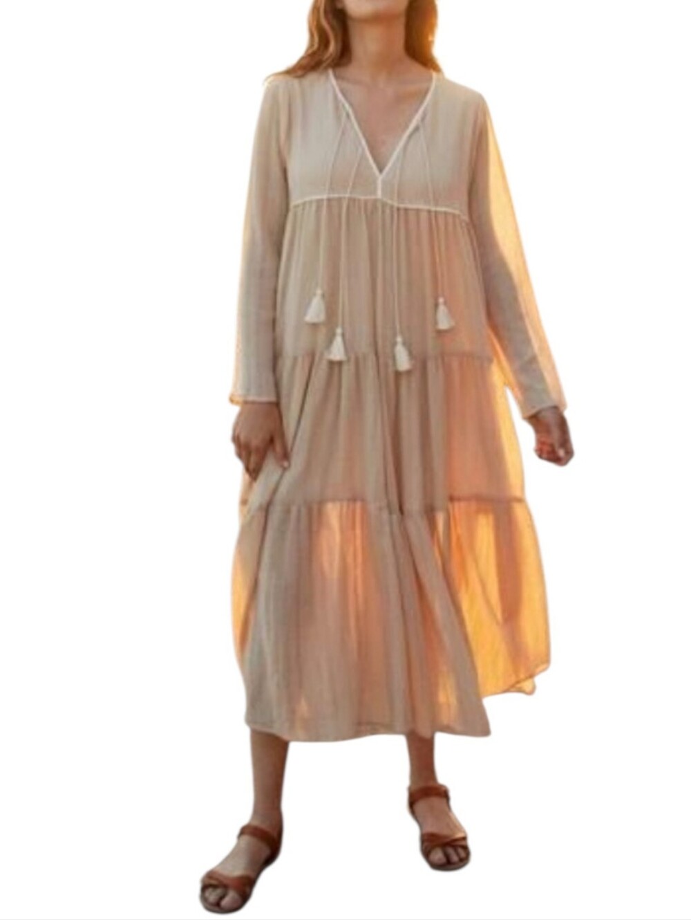 Christy Dawn The Paloma Dress Tan/Flax Boho Tiered Dress Size M